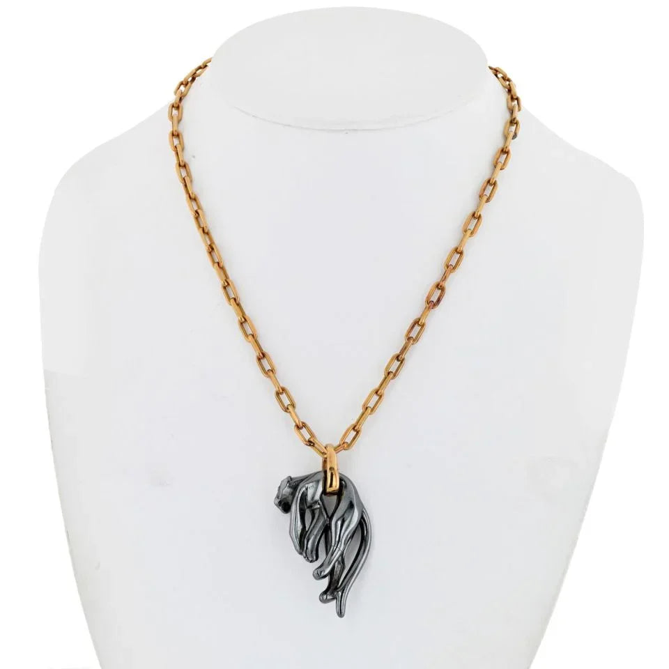 Cartier 18K Yellow Gold Hematite Panthere on A Santos Chain Necklace - The Back Vault