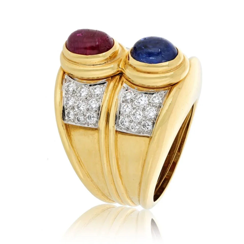 David Webb Platinum & 18K Yellow Gold Diamond Sapphire And Ruby Ring - The Back Vault