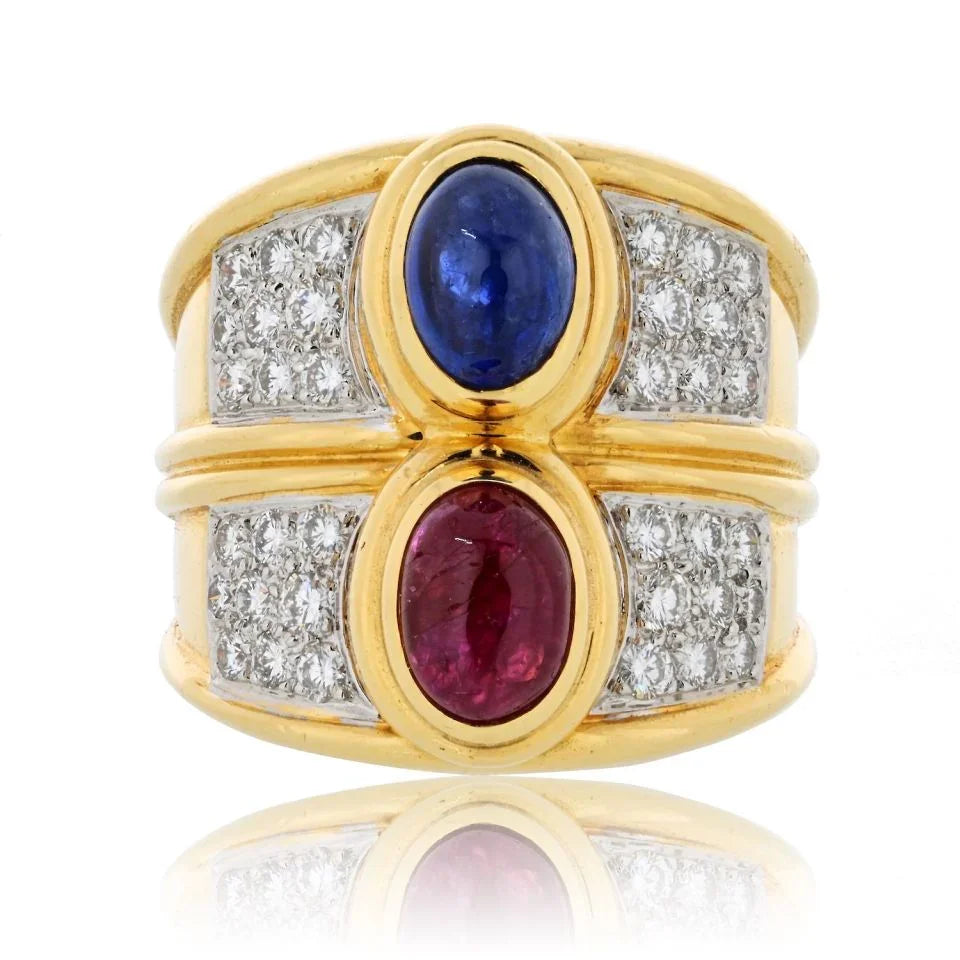 David Webb Platinum & 18K Yellow Gold Diamond Sapphire And Ruby Ring - The Back Vault