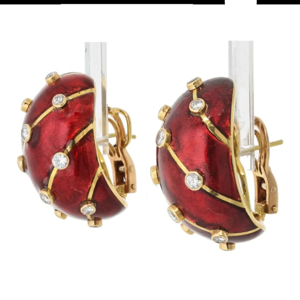 Tiffany & Co. Schlumberger Platinum & 18K Yellow Gold Red Enamel Diamond Earrings - The Back Vault