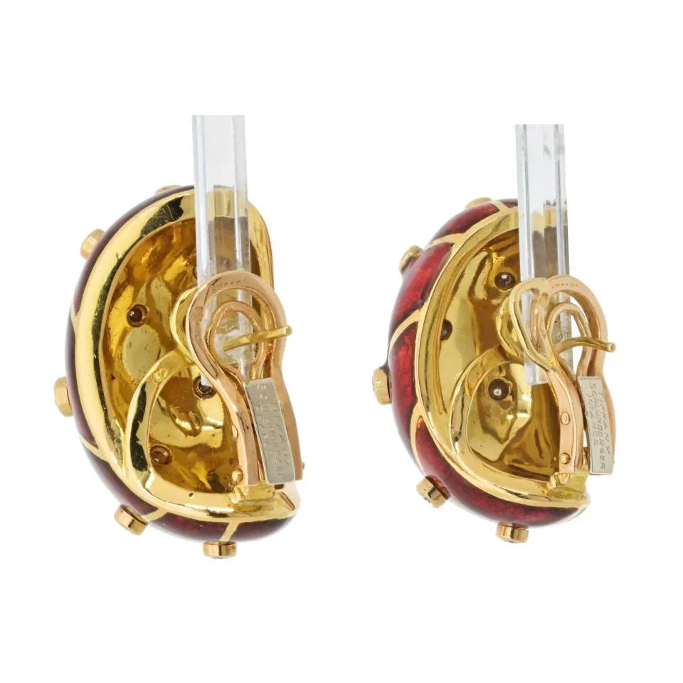 Tiffany & Co. Schlumberger Platinum & 18K Yellow Gold Red Enamel Diamond Earrings - The Back Vault