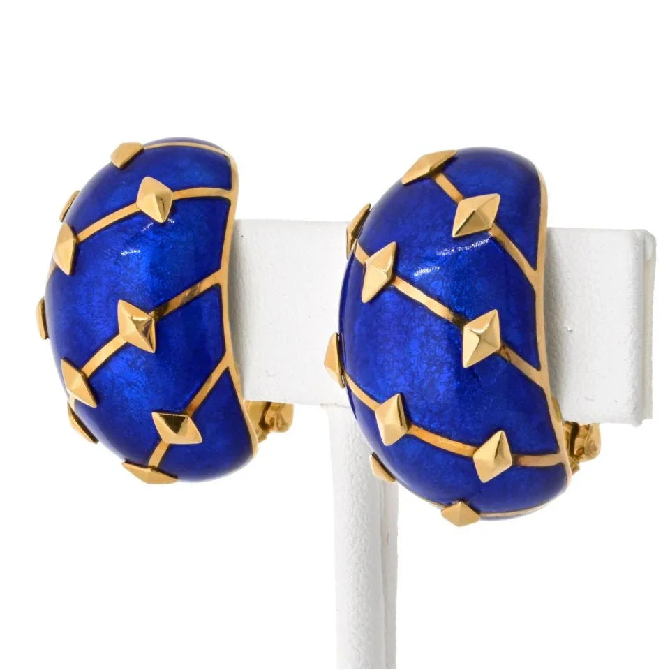 Tiffany & Co. Schlumberger Platinum & 18K Yellow Gold Lozenge Blue Enamel Earrings - The Back Vault