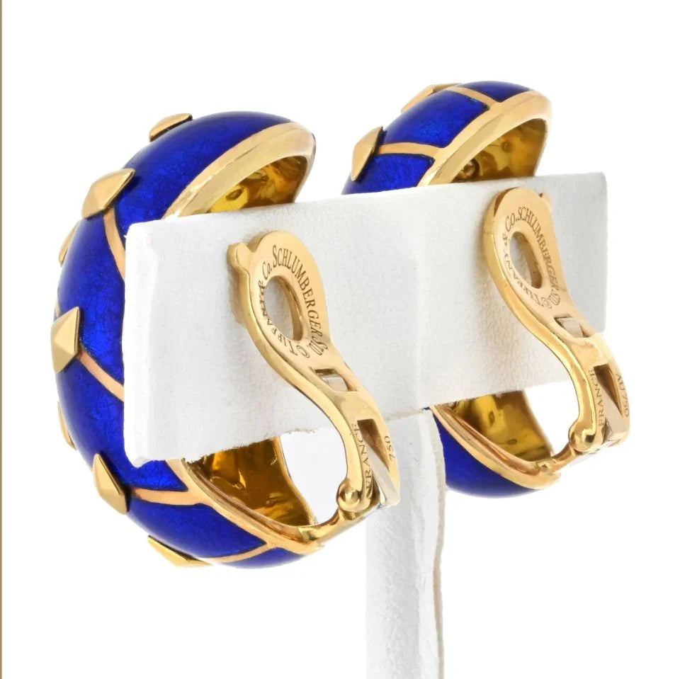 Tiffany & Co. Schlumberger Platinum & 18K Yellow Gold Lozenge Blue Enamel Earrings - The Back Vault