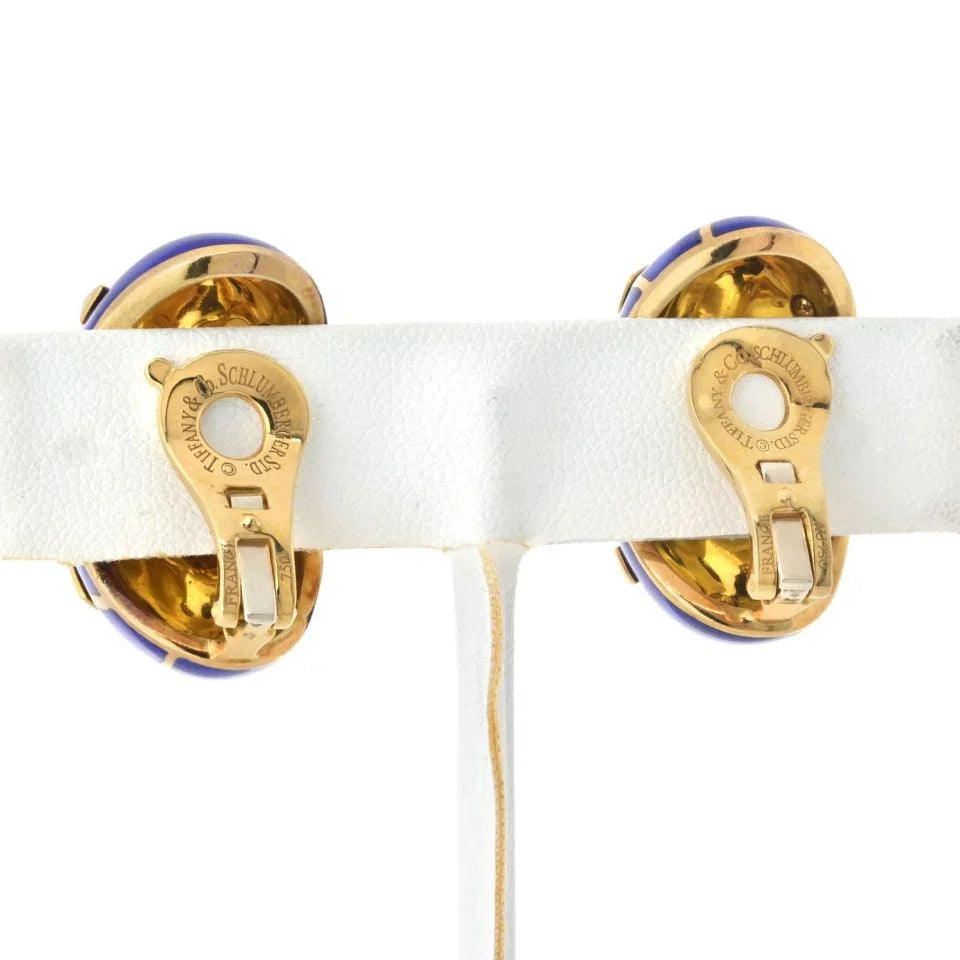 Tiffany & Co. Schlumberger Platinum & 18K Yellow Gold Lozenge Blue Enamel Earrings - The Back Vault