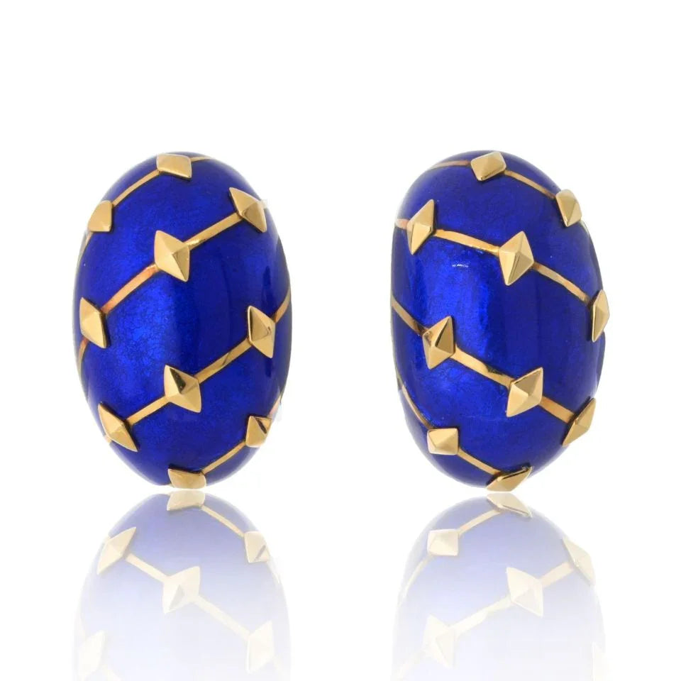 Tiffany & Co. Schlumberger Platinum & 18K Yellow Gold Lozenge Blue Enamel Earrings - The Back Vault