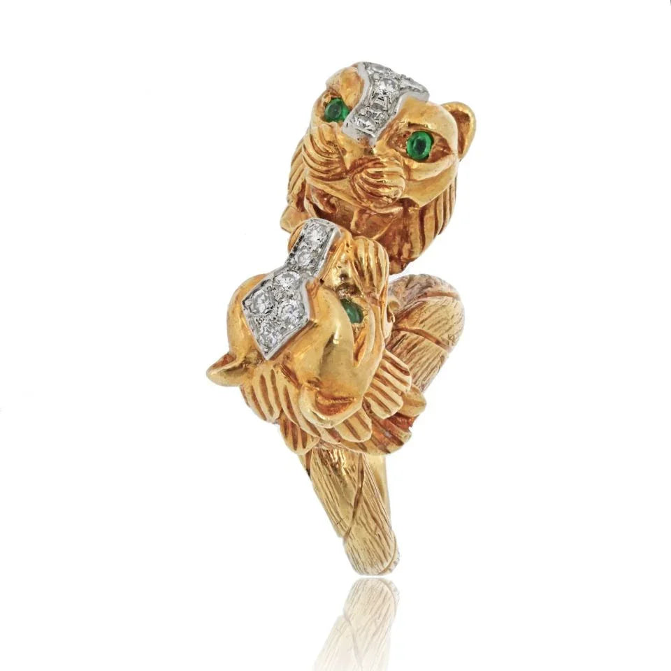 David Webb Platinum & 18K Yellow Gold Double Head Lion Ring - The Back Vault