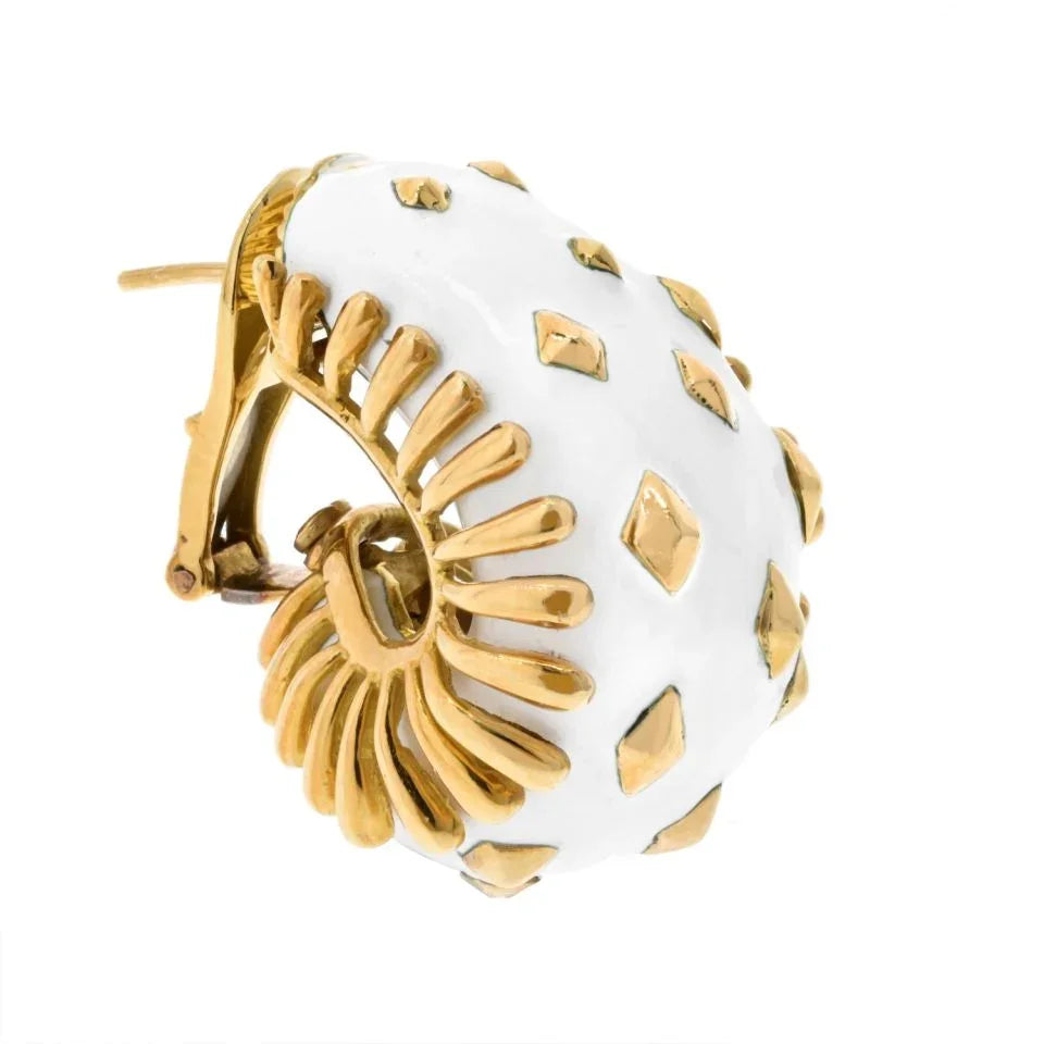 David Webb Bombe Platinum & 18K Yellow Gold Lozenge Detail White Enamel Clip On Earrings - The Back Vault