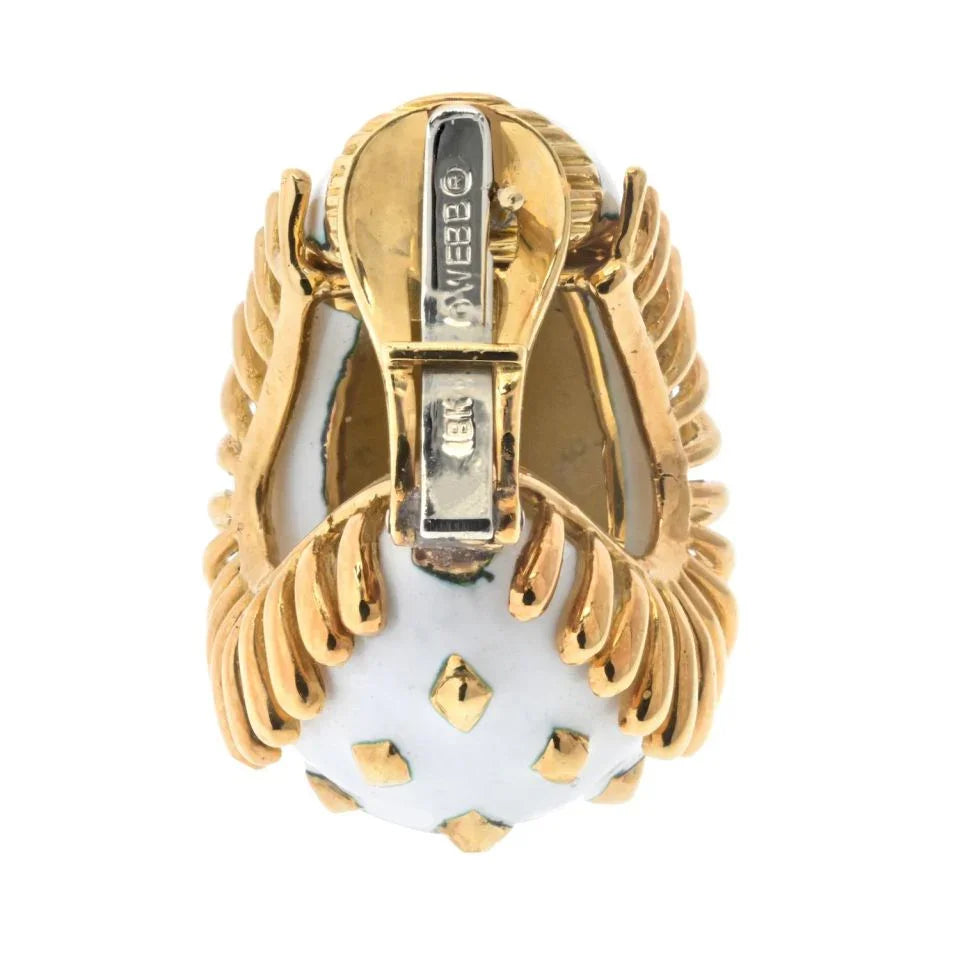 David Webb Bombe Platinum & 18K Yellow Gold Lozenge Detail White Enamel Clip On Earrings - The Back Vault