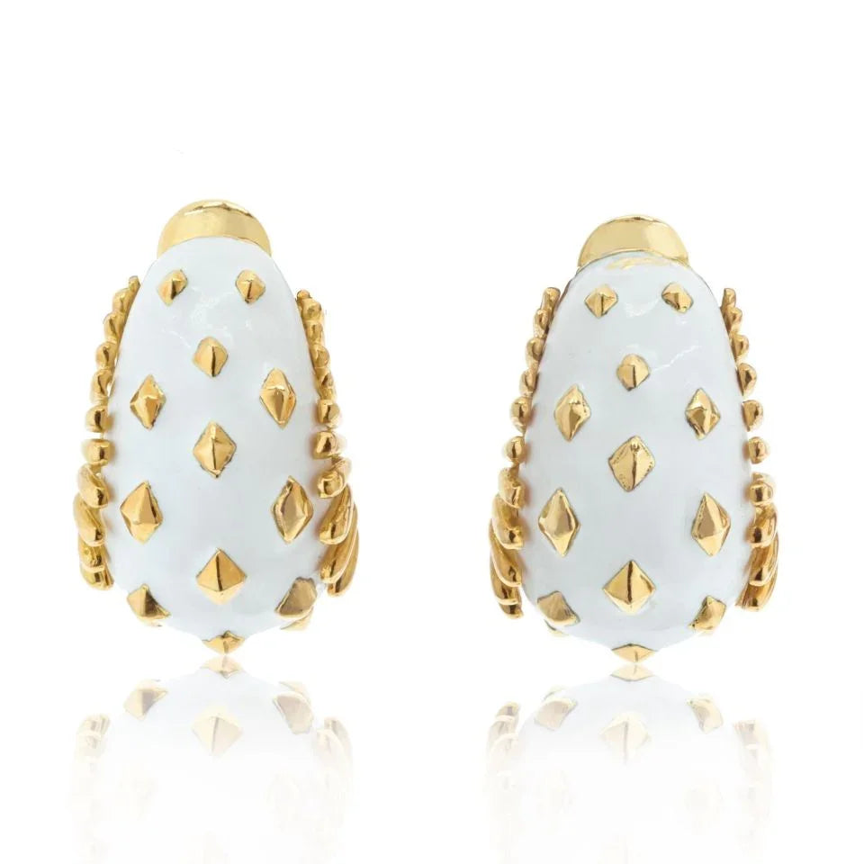 David Webb Bombe Platinum & 18K Yellow Gold Lozenge Detail White Enamel Clip On Earrings - The Back Vault