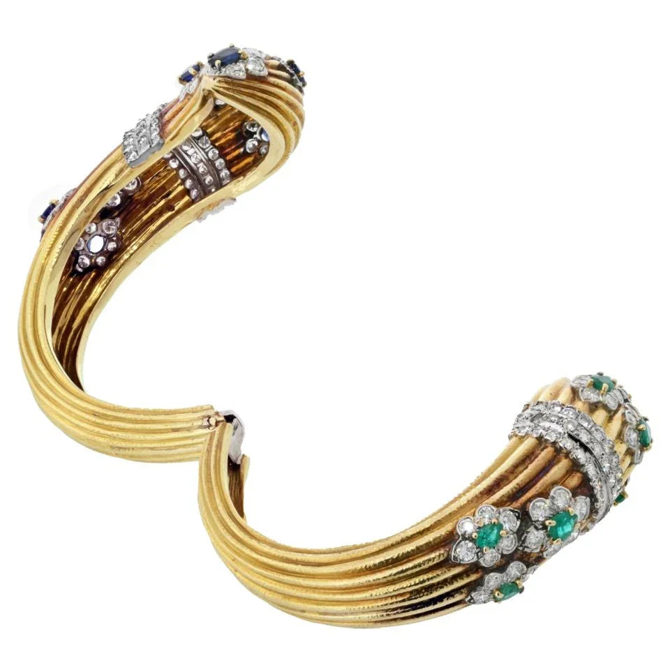 David Webb 18K Yellow Gold Diamond And Gemset Bypass Bracelet - The Back Vault