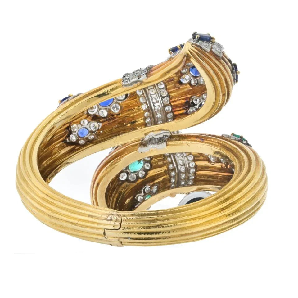 David Webb 18K Yellow Gold Diamond And Gemset Bypass Bracelet - The Back Vault