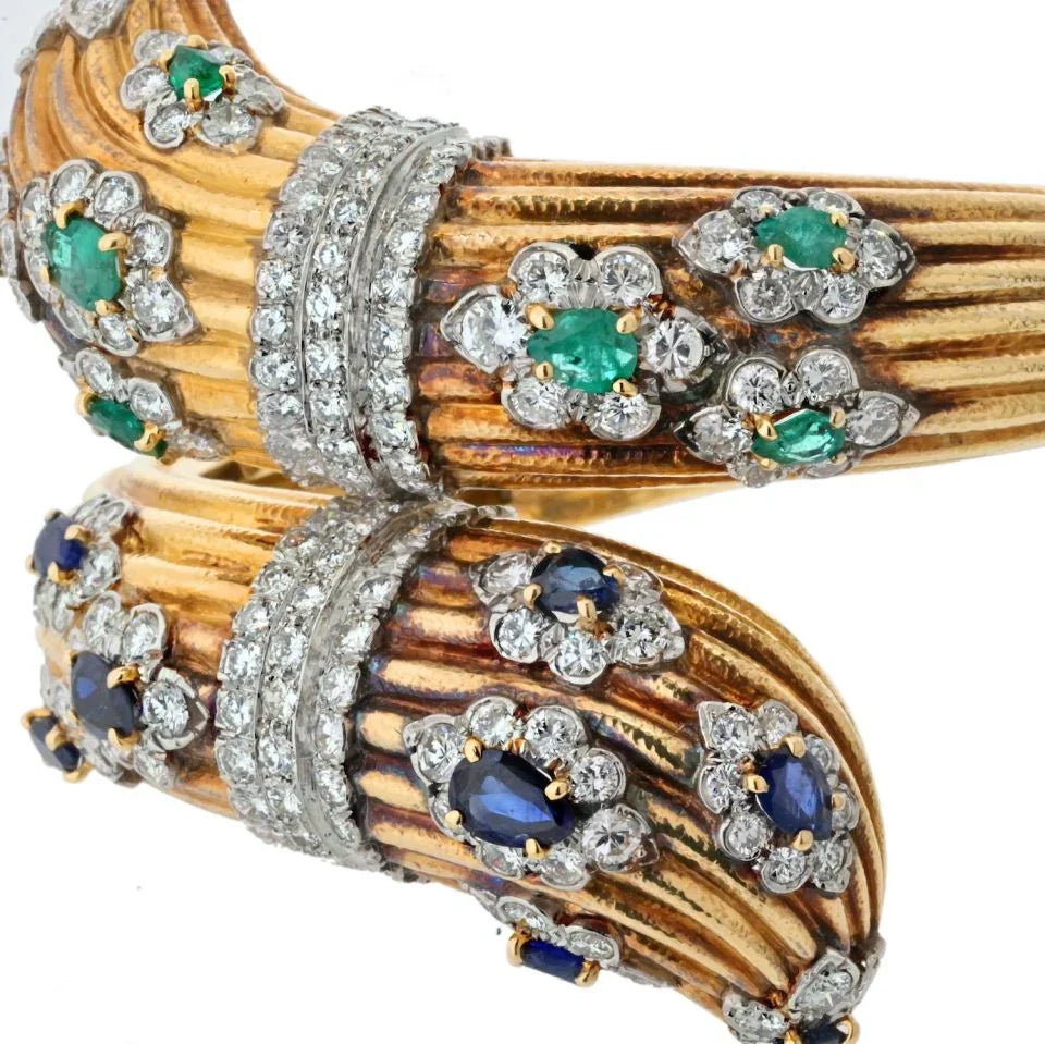 David Webb 18K Yellow Gold Diamond And Gemset Bypass Bracelet - The Back Vault