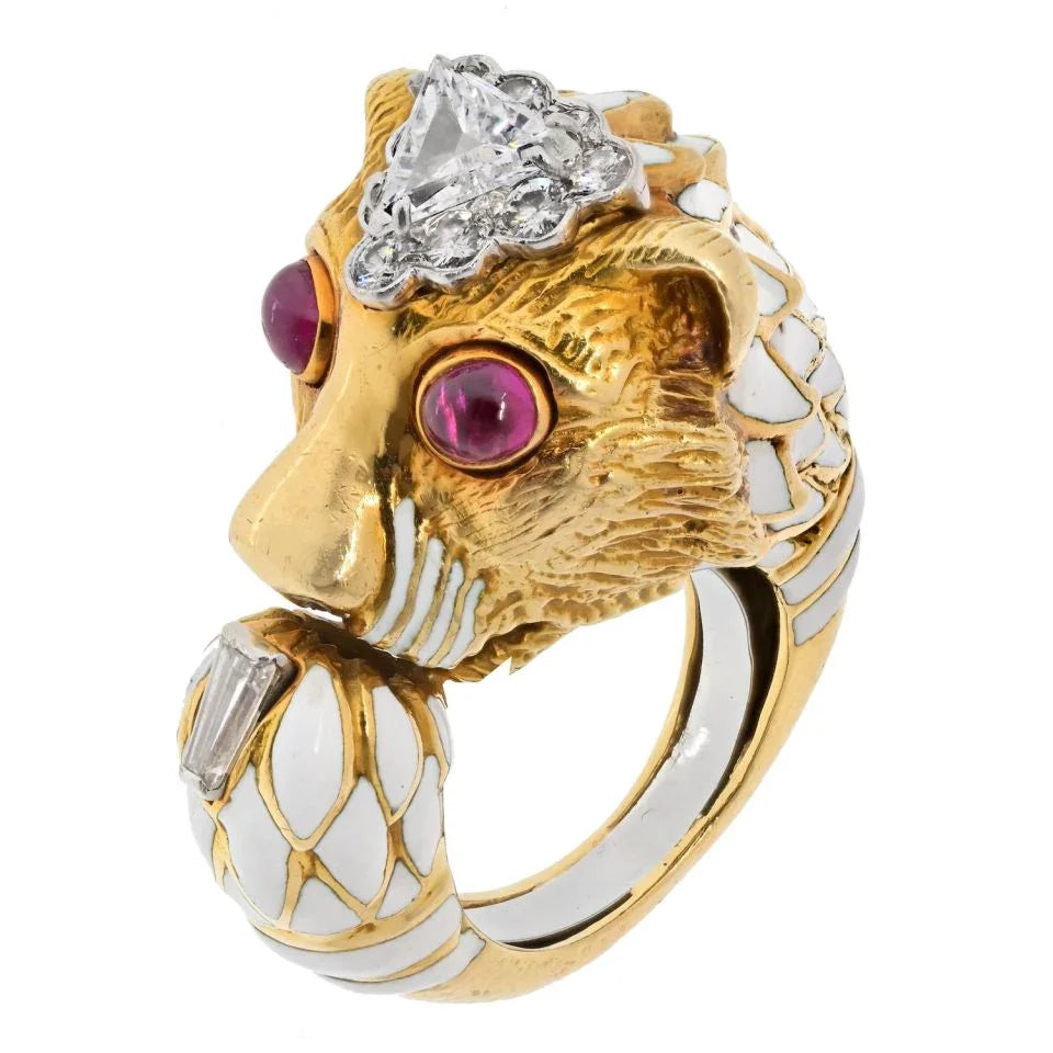 David Webb Platinum & 18K Yellow Gold White Enamel Diamond Head Ruby Eye Lion Ring - The Back Vault