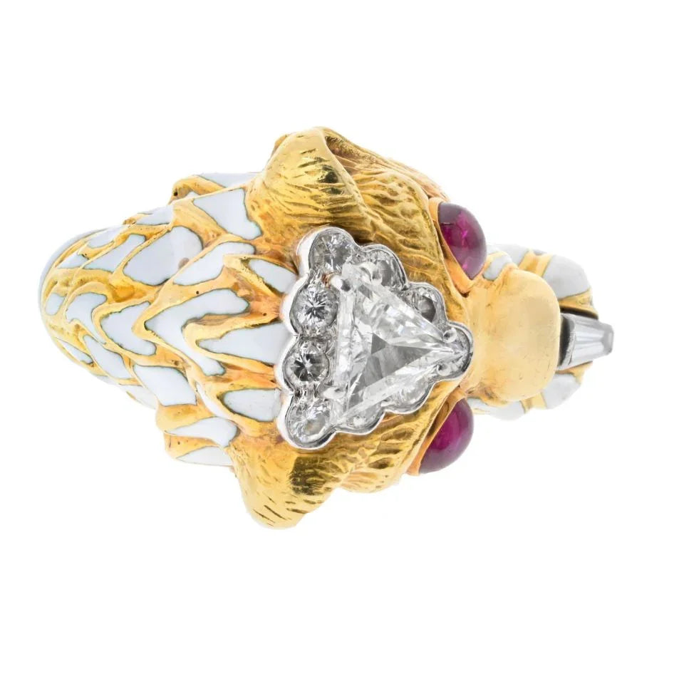 David Webb Platinum & 18K Yellow Gold White Enamel Diamond Head Ruby Eye Lion Ring - The Back Vault