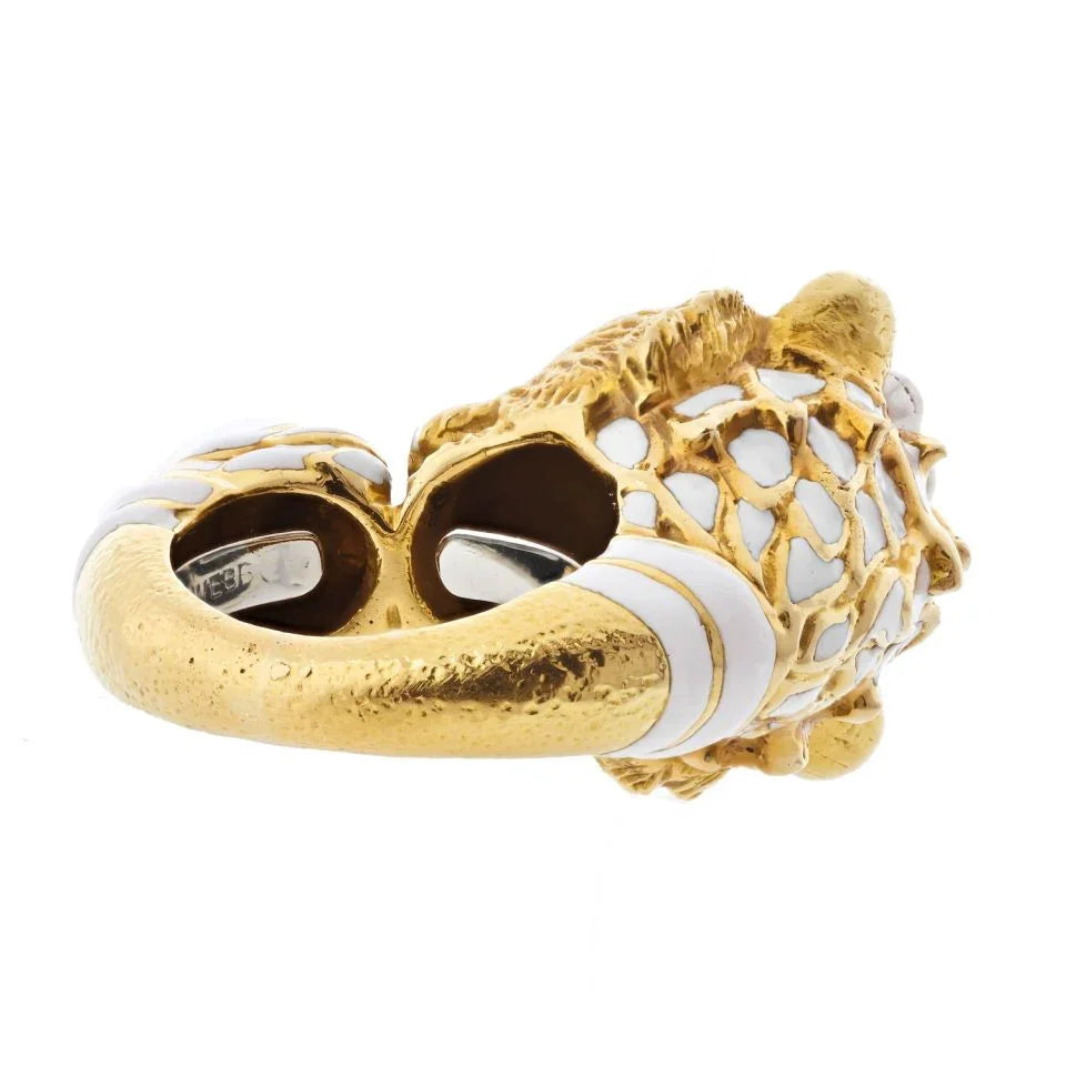 David Webb Platinum & 18K Yellow Gold White Enamel Diamond Head Ruby Eye Lion Ring - The Back Vault