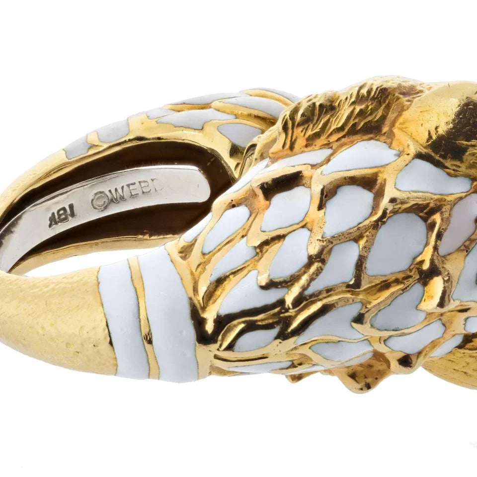 David Webb Platinum & 18K Yellow Gold White Enamel Diamond Head Ruby Eye Lion Ring - The Back Vault