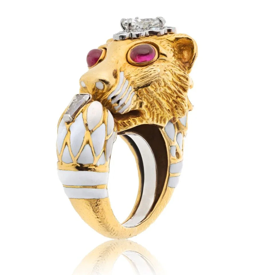 David Webb Platinum & 18K Yellow Gold White Enamel Diamond Head Ruby Eye Lion Ring - The Back Vault