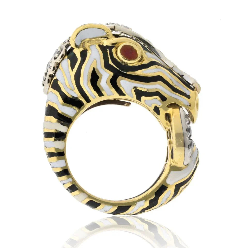David Webb Platinum & 18K Yellow Gold Zebra With Diamonds And Ruby Eyes Ring - The Back Vault