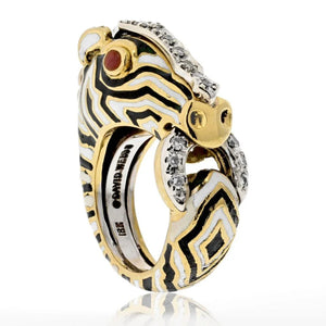 David Webb Platinum & 18K Yellow Gold Zebra With Diamonds And Ruby Eyes Ring
