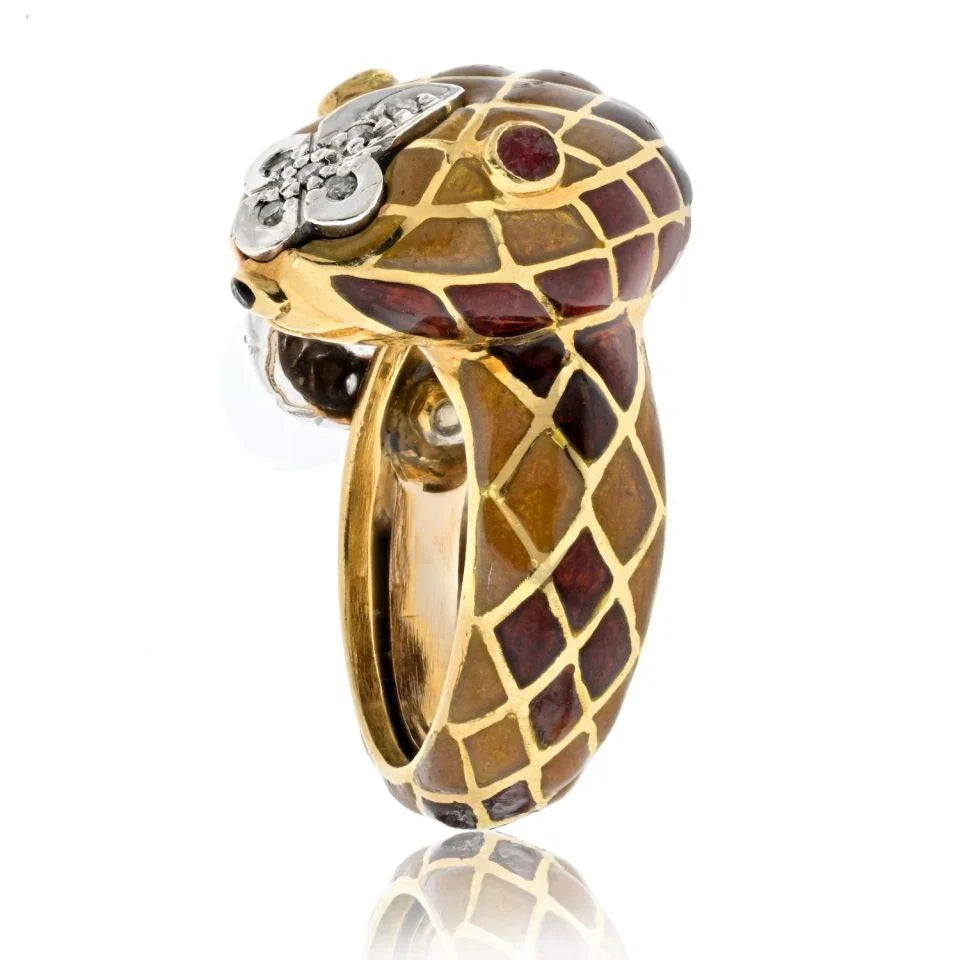 David Webb Platinum & 18K Yellow Gold Brown Enamel Snake Diamond Ring - The Back Vault