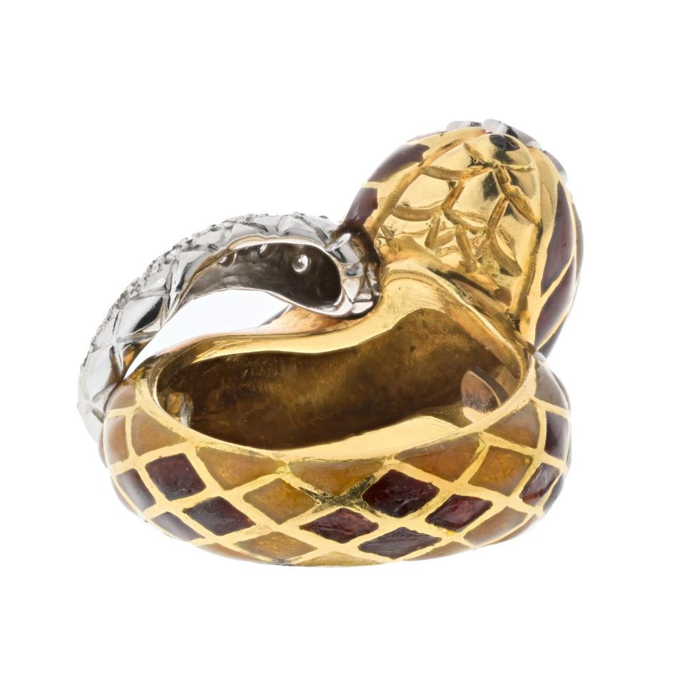 David Webb Platinum & 18K Yellow Gold Brown Enamel Snake Diamond Ring