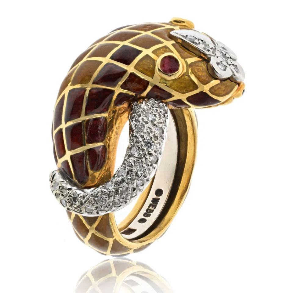 David Webb Platinum & 18K Yellow Gold Brown Enamel Snake Diamond Ring - The Back Vault