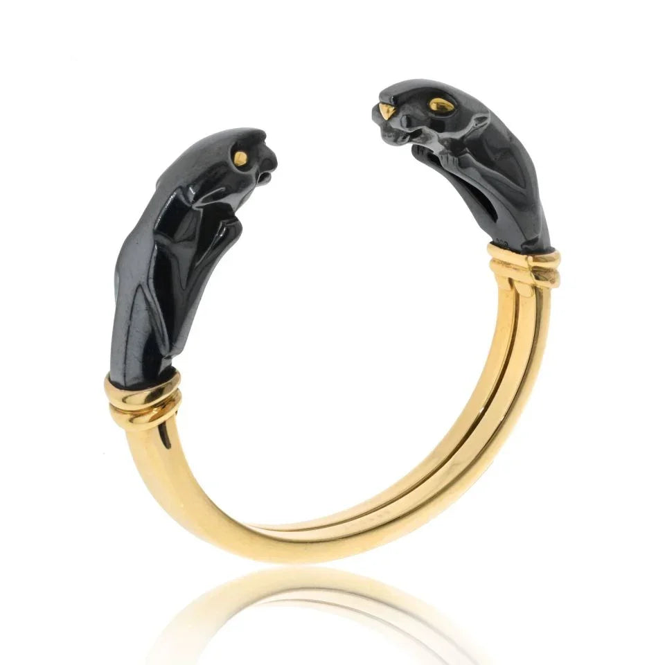 Cartier 18K Yellow Gold Double Head Hematite Cuff Bracelet - The Back Vault