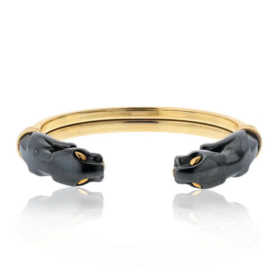 Cartier 18K Yellow Gold Double Head Hematite Cuff Bracelet - The Back Vault