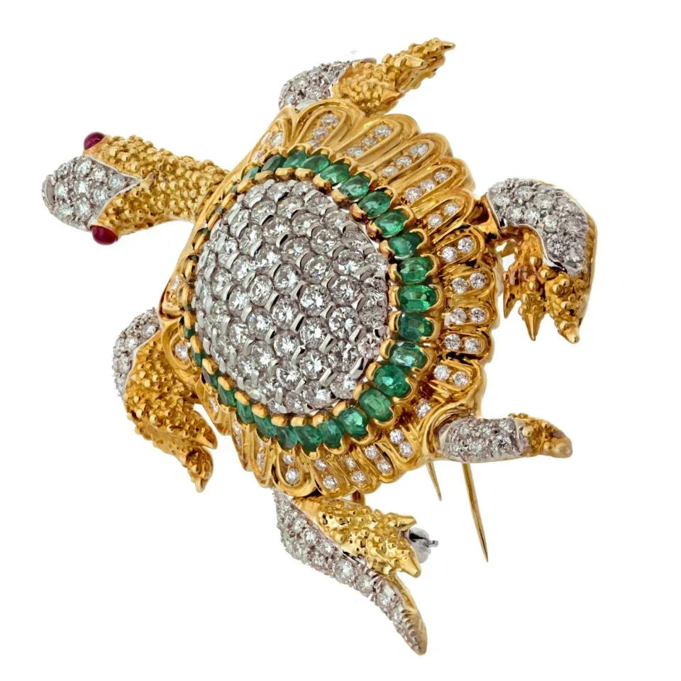 18K Yellow Gold Diamond And Gemstone Turtle Brooch - The Back Vault