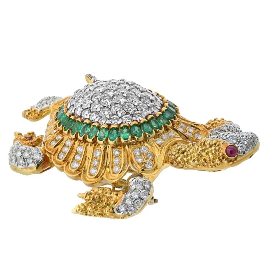 18K Yellow Gold Diamond And Gemstone Turtle Brooch - The Back Vault