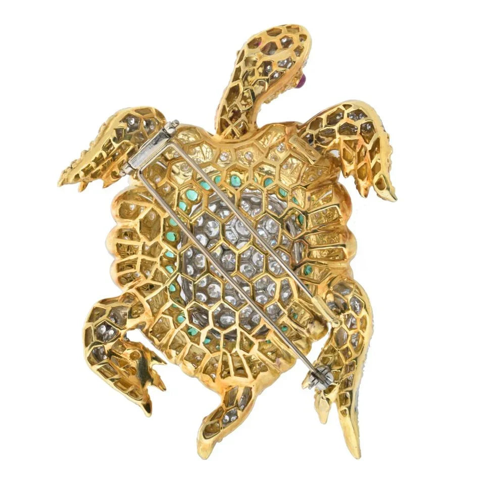 18K Yellow Gold Diamond And Gemstone Turtle Brooch - The Back Vault