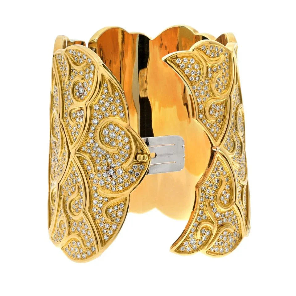 18K Yellow Gold Wide Scroll 38.00cttw Diamond Cuff Bracelet - The Back Vault