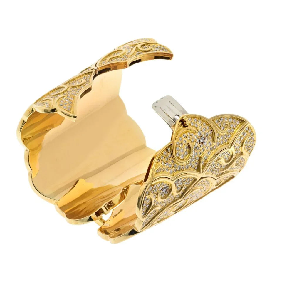 18K Yellow Gold Wide Scroll 38.00cttw Diamond Cuff Bracelet - The Back Vault