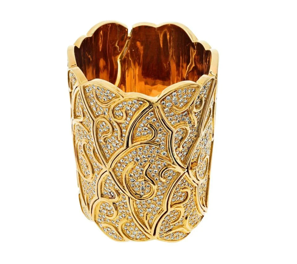18K Yellow Gold Wide Scroll 38.00cttw Diamond Cuff Bracelet - The Back Vault