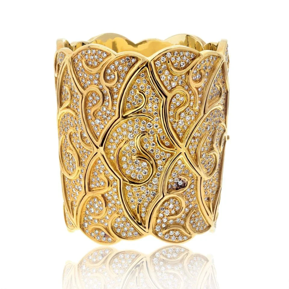18K Yellow Gold Wide Scroll 38.00cttw Diamond Cuff Bracelet - The Back Vault