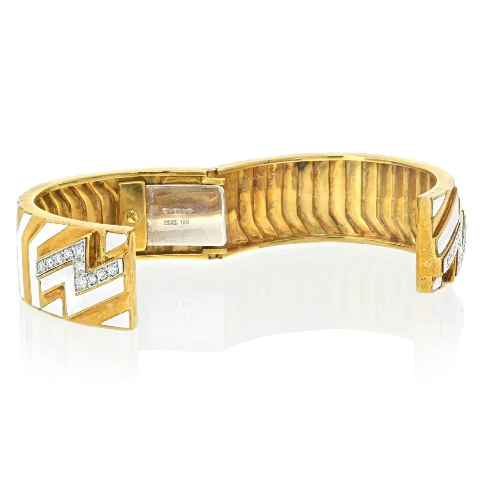 David Webb Platinum & 18K Yellow Gold Zig Zag Diamond Motif White Enamel Bangle Bracelet - The Back Vault