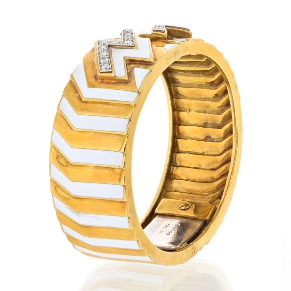 David Webb Platinum & 18K Yellow Gold Zig Zag Diamond Motif White Enamel Bangle Bracelet - The Back Vault