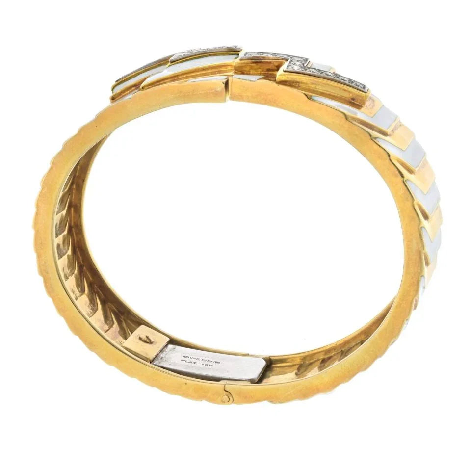 David Webb Platinum & 18K Yellow Gold Zig Zag Diamond Motif White Enamel Bangle Bracelet - The Back Vault