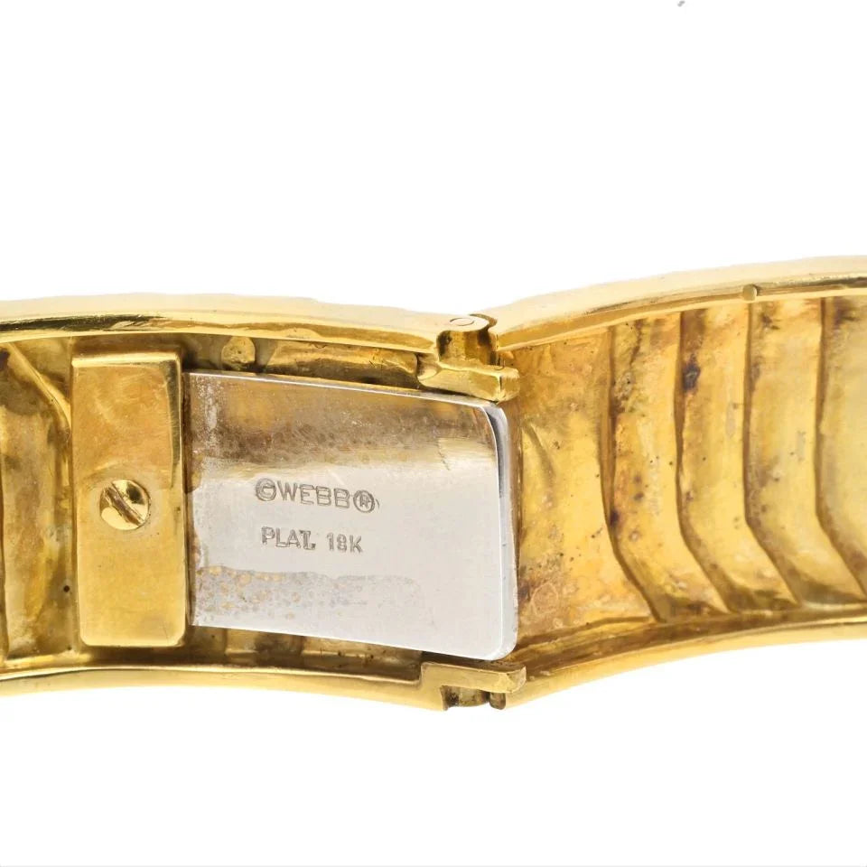 David Webb Platinum & 18K Yellow Gold Zig Zag Diamond Motif White Enamel Bangle Bracelet - The Back Vault