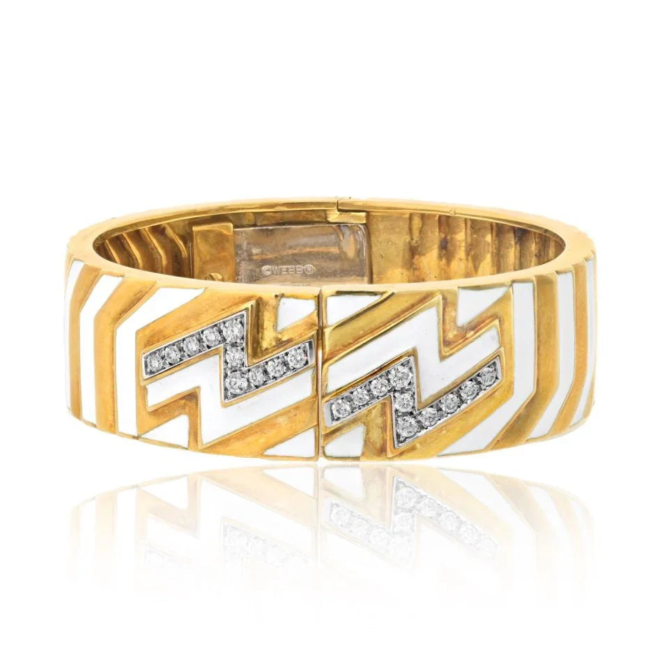 David Webb Platinum & 18K Yellow Gold Zig Zag Diamond Motif White Enamel Bangle Bracelet - The Back Vault