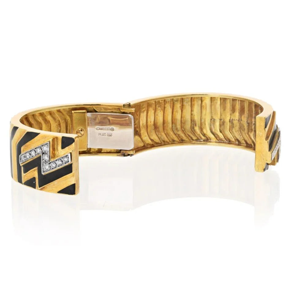 David Webb Platinum & 18K Yellow Gold Stripe Black Enamel Diamond Zig Zag Bracelet - The Back Vault