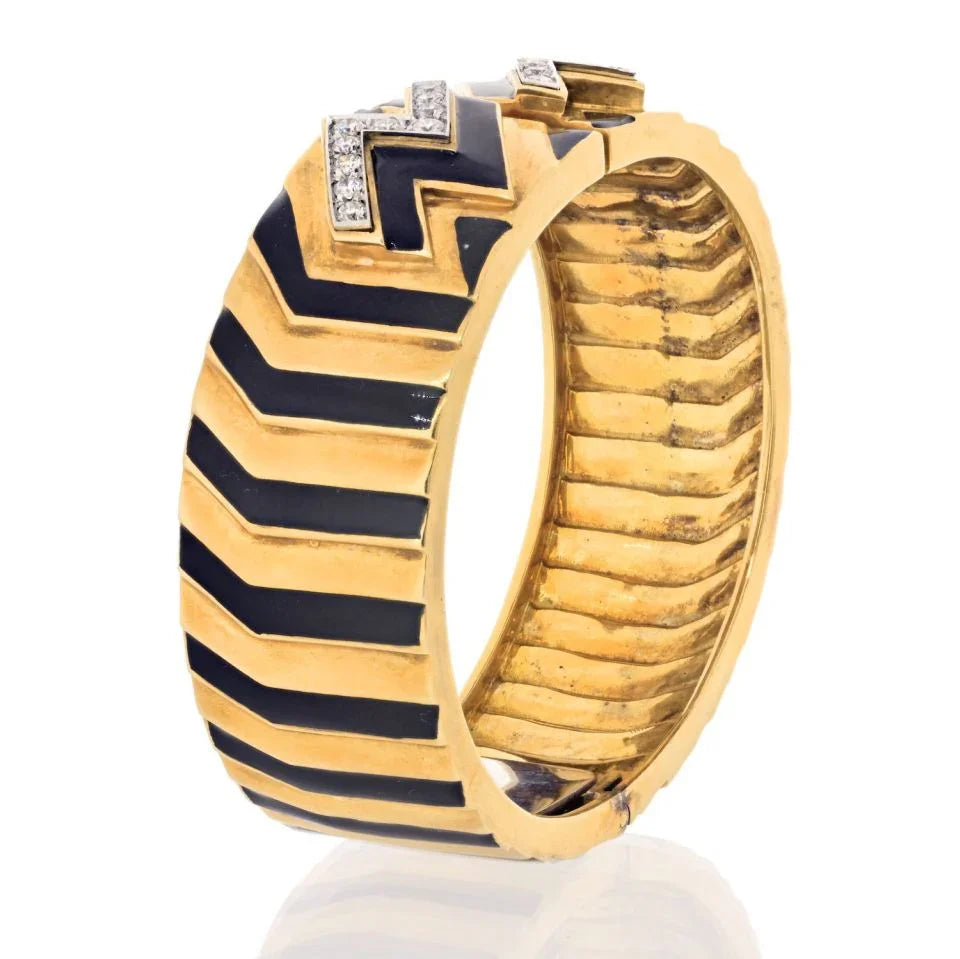 David Webb Platinum & 18K Yellow Gold Stripe Black Enamel Diamond Zig Zag Bracelet - The Back Vault