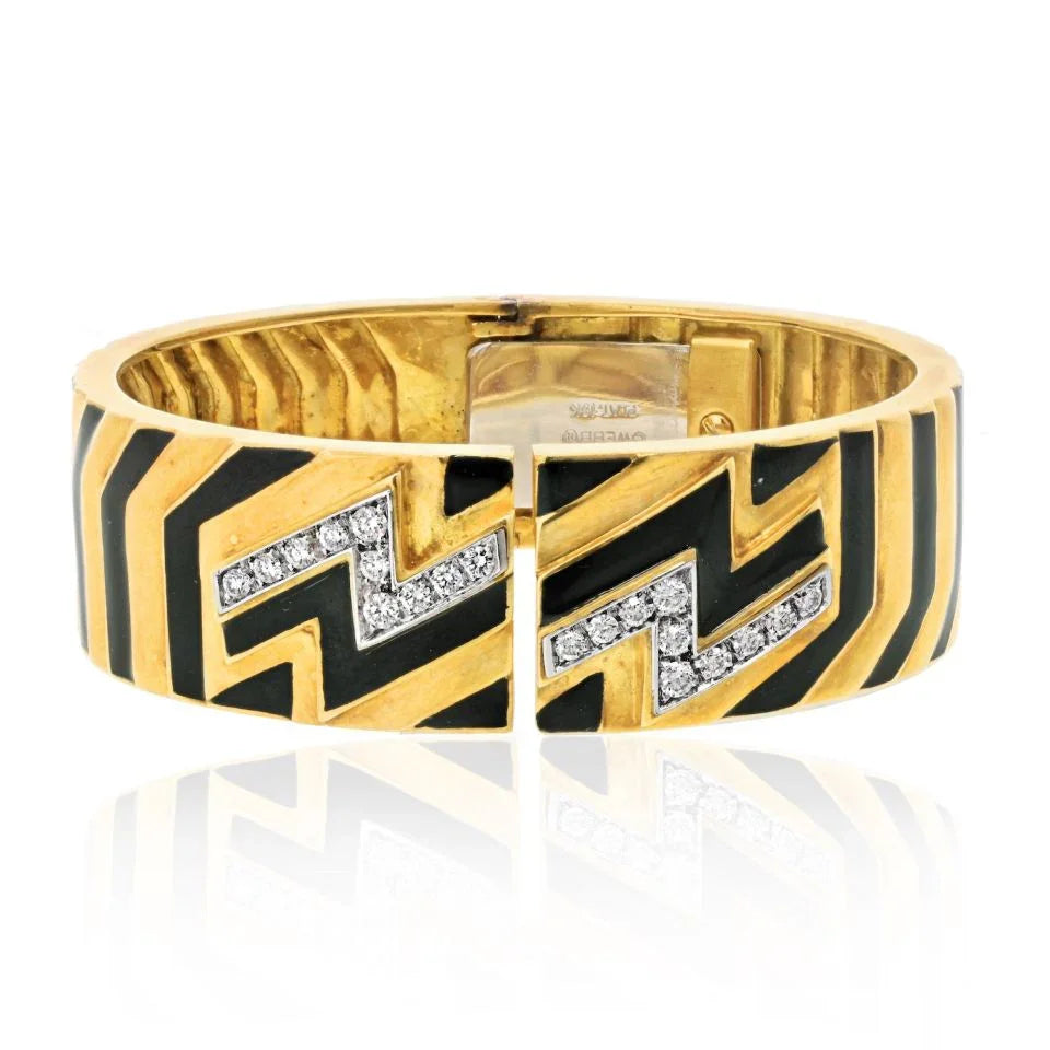 David Webb Platinum & 18K Yellow Gold Stripe Black Enamel Diamond Zig Zag Bracelet - The Back Vault