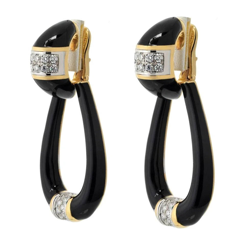 David Webb Platinum & 18K Yellow Gold Black Enamel Door Knockers Earrings - The Back Vault