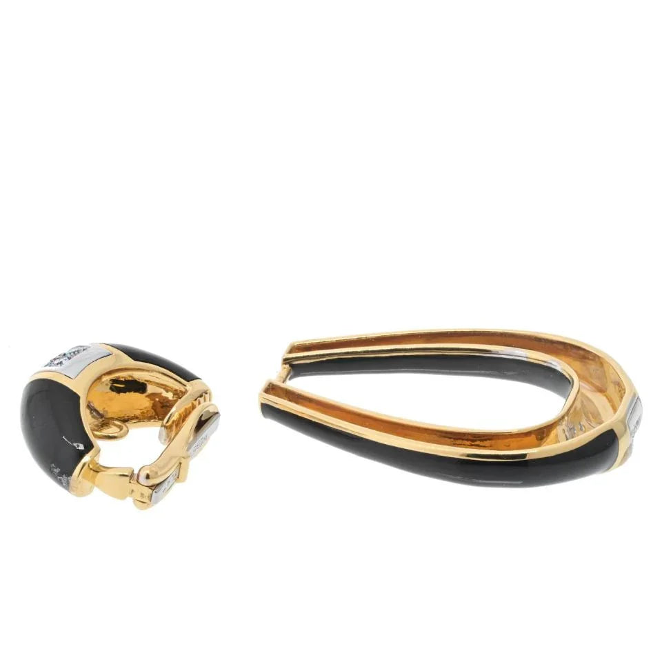 David Webb Platinum & 18K Yellow Gold Black Enamel Door Knockers Earrings - The Back Vault