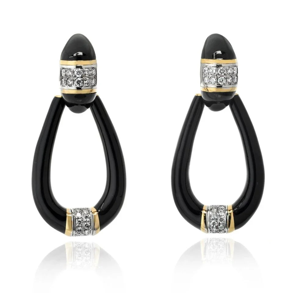 David Webb Platinum & 18K Yellow Gold Black Enamel Door Knockers Earrings - The Back Vault