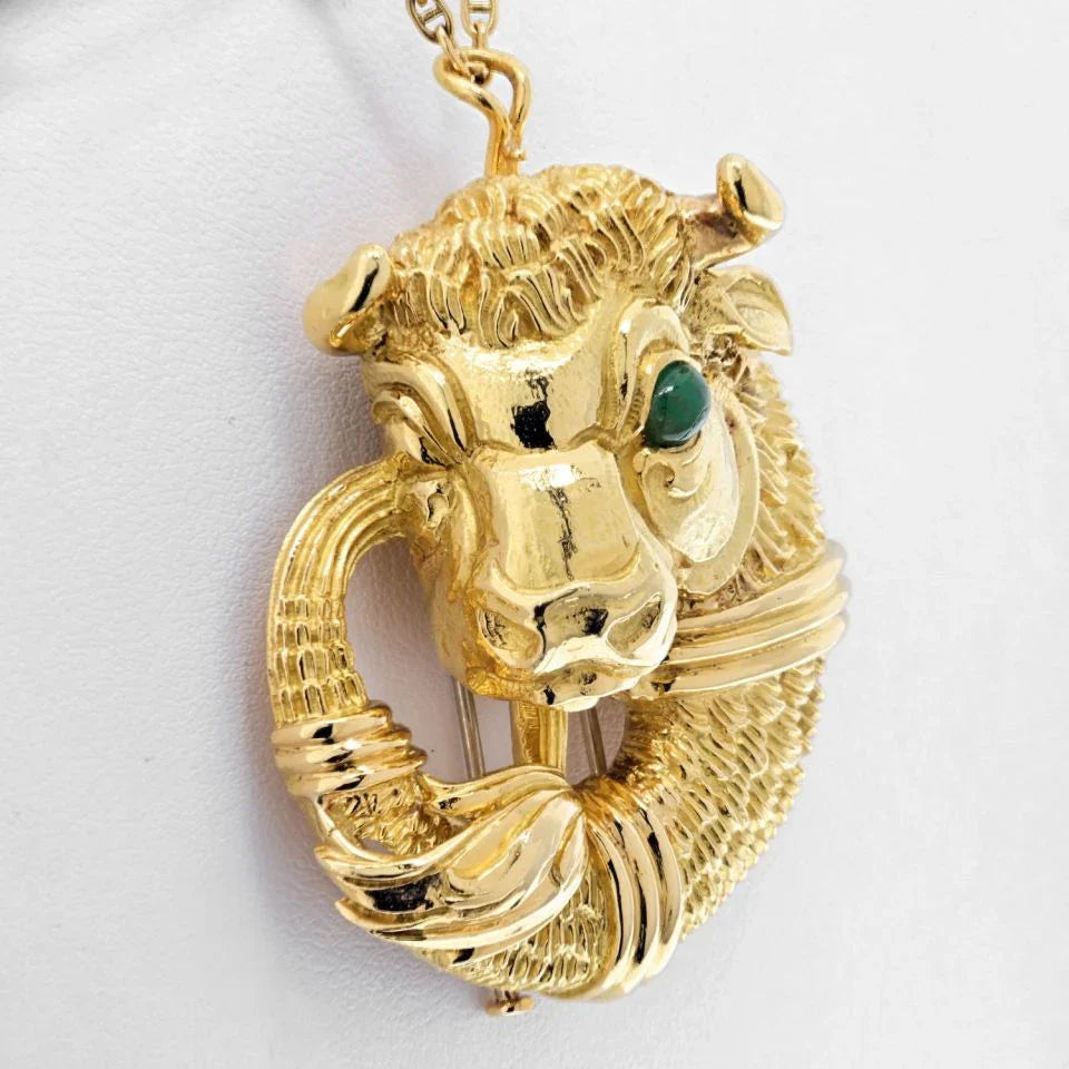 David Webb Platinum & 18K Yellow Gold Taurus Bull Pin/Pendant On A Chain Necklace - The Back Vault
