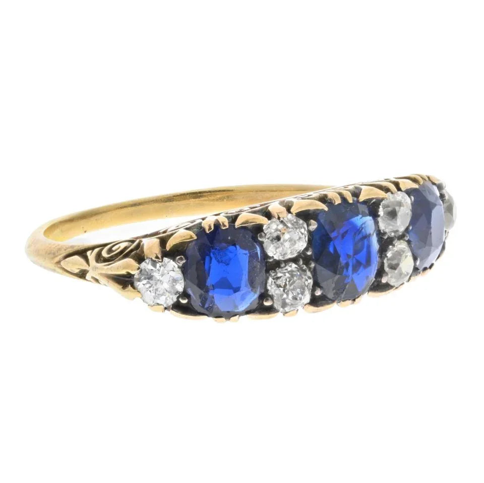 Victorian 18K Yellow Gold 3 Stone Sapphire And Diamond Ring - The Back Vault