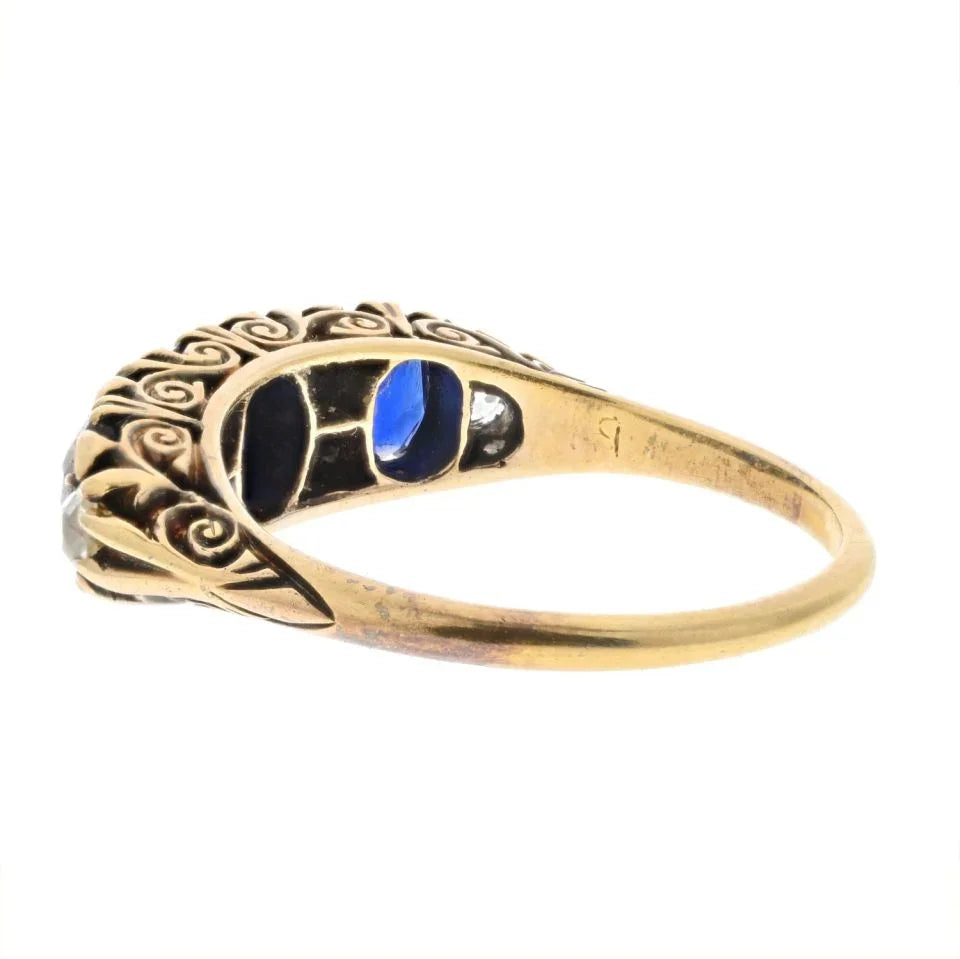 Victorian 18K Yellow Gold 3 Stone Sapphire And Diamond Ring - The Back Vault