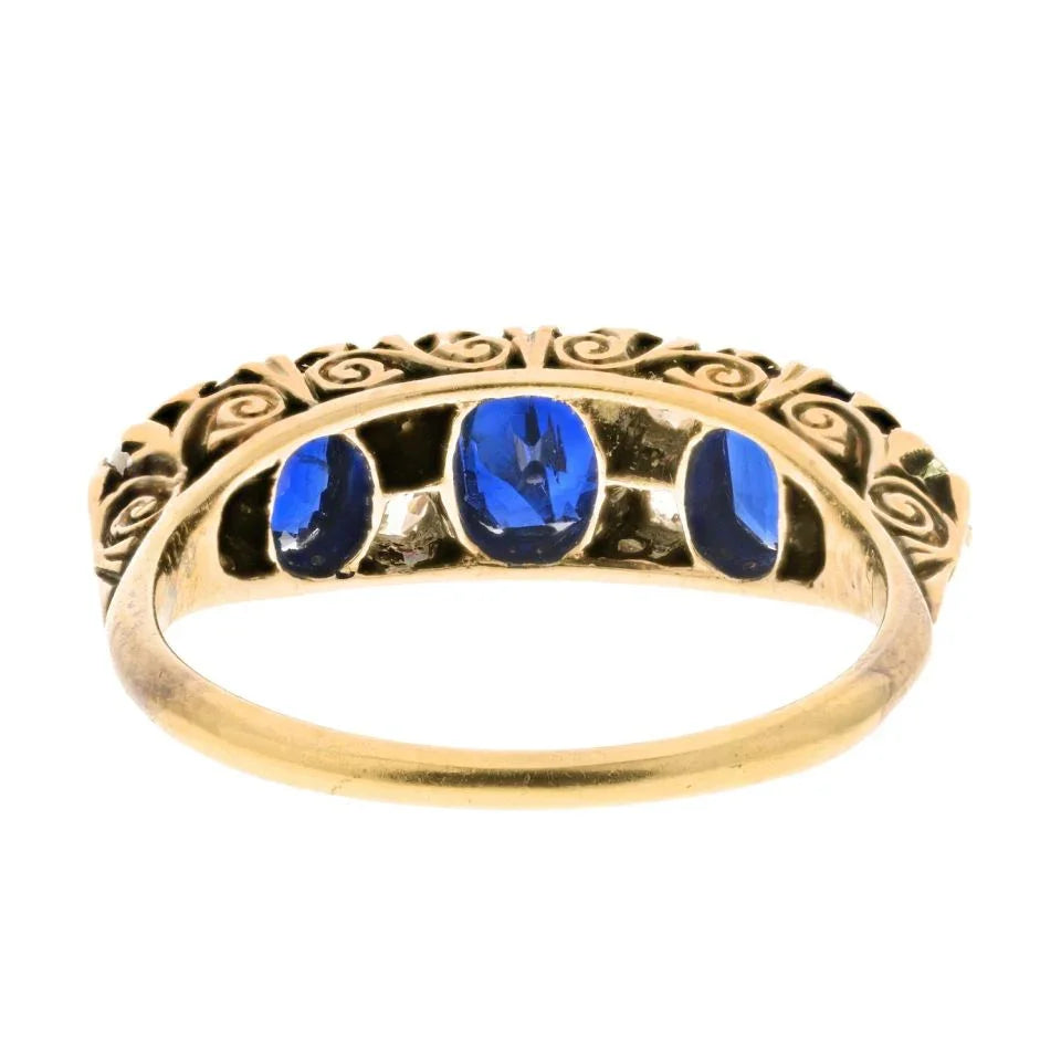 Victorian 18K Yellow Gold 3 Stone Sapphire And Diamond Ring - The Back Vault